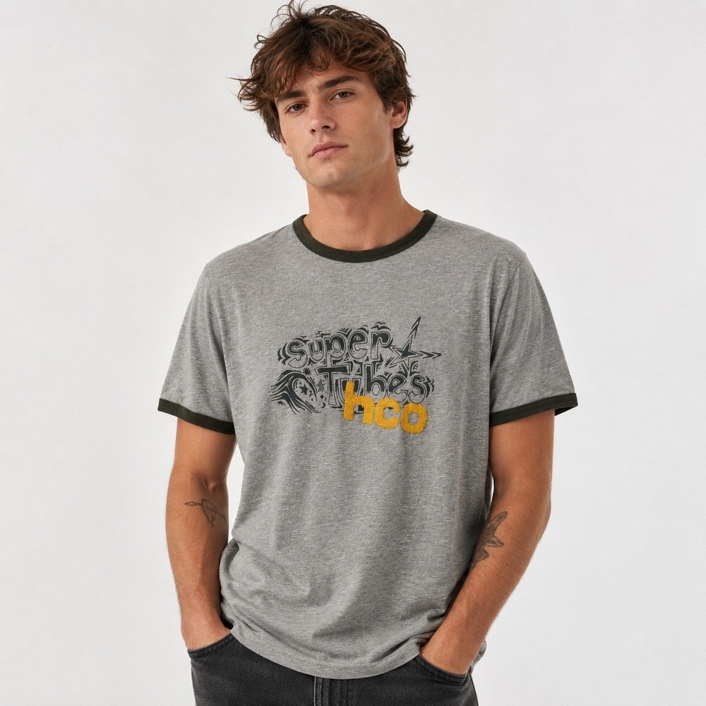 Hollister Graphic Ringer Tee Shirt Mens Size XL Gray Surf Hip Y2K Embroidered